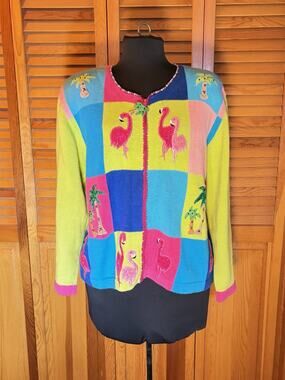 Vintage Jack B Quick Cardigan Womens L Flamingo Patchwork Sweater 90s Tropical